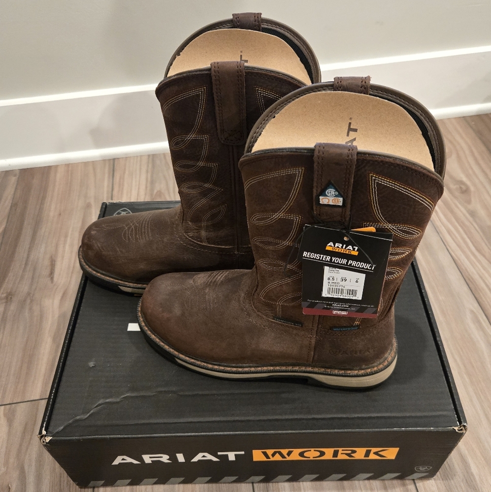 😁NWT Ariat Womens Riveter Pull-On CSA H20 Comp Toe Brown Leather Work Boots 8.5 - Picture 2 of 11